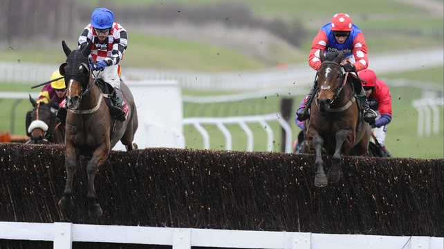 The Giant Bolster clears the last just ahead of Rocky Creek in the Argento Chase