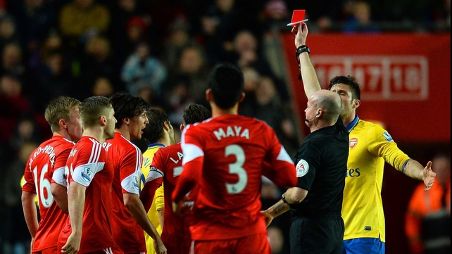 Mathieu Flamini received his marching orders with ten minutes to play at St Mary's