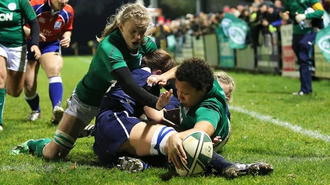 Sophie Spence with the first of her three tries in Ireland Women's 59-0 rout of Scotland