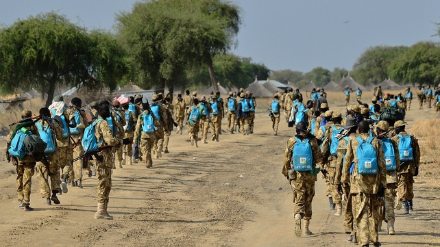 South Sudanese government soldiers were photographed kitted out with bright-blue UNICEF school bags South Sudanese government soldiers were photographed kitted out with bright-blue UNICEF school bags