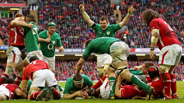 Brian O'Driscoll scores Ireland's third try against Wales last year