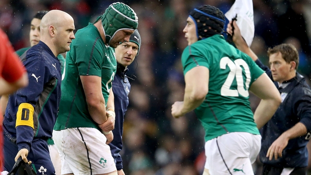 Dan Tuohy leaves the pitch on Saturday after fracturing his arm
