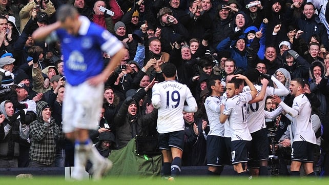Tottenham players celebrate after Emmanuel Adebayor's goal