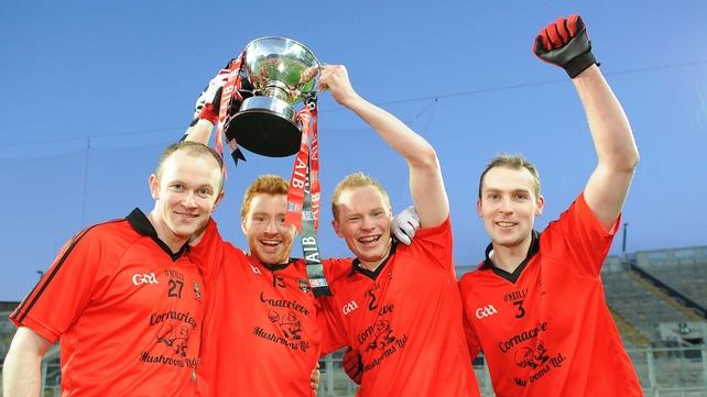 Truagh players Alan McKenna, Daniel McKenna, John McCarron and Niall Feely celebrate their victory