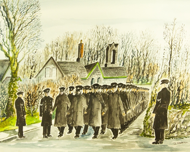Recruits march from the railway station 14 Fabruary 1964 (Painting by Joe Barry)