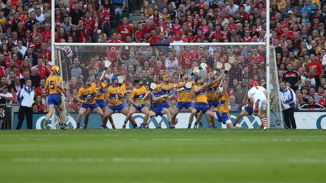The Clare team fails to stop a Nash shot in the All-Ireland final