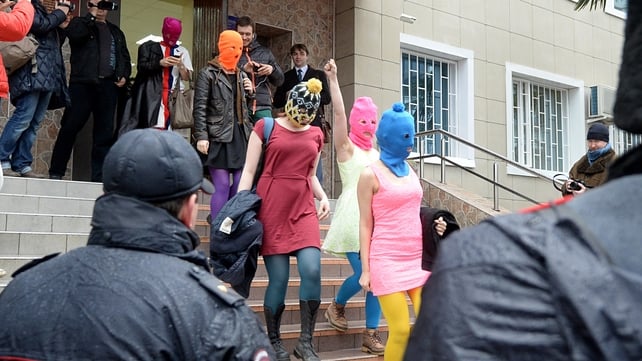 Pussy Riot members leave a police station near Sochi after being questioned about an alleged theft Pussy Riot members leave a police station near Sochi after being questioned about an alleged theft