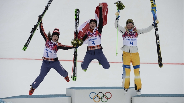 (LtoR) Kelsey Serwa, Marielle Thompsonand Anna Holmlund celebrate on the podium