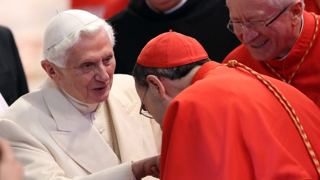 Pope Emeritus Benedict greets cardinals as he leaves St Peter's Basilica at the end of the Consistory at the weekend Pope Emeritus Benedict greets cardinals as he leaves St Peter's Basilica at the end of the Consistory at the weekend