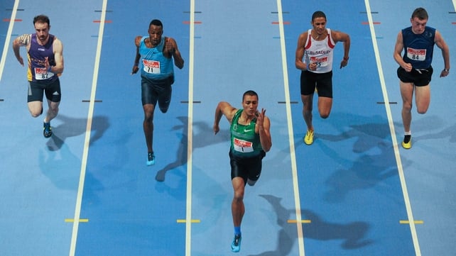 Olympic and World decathlon champion Ashton Eaton (centre) won the 60m in 6.69