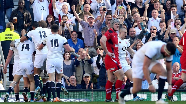 England celebrate Danny Care's try