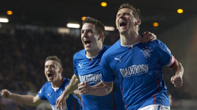 Rangers Lee McCulloch (r) celebrates his first goal with Andrew Little