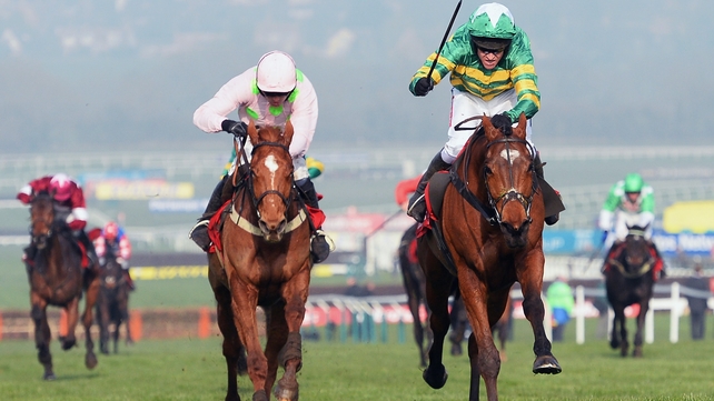 Barry Geraghty on More of That (r) wins from Ruby Walsh on Annie Power in the Ladbrokes World Hurdle