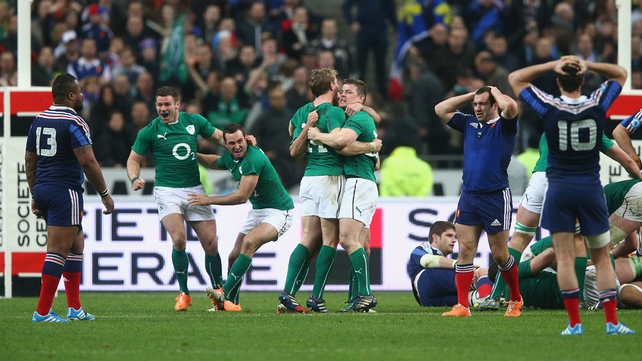 The Ireland players celebrate Six Nations glory in Paris