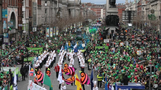 Dublin's parade, one of the largest in the world, makes its way down O'Connell Street towards St Patrick's Cathedral