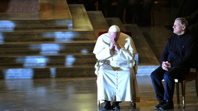 Pope Francis sits next to Father Luigi Ciotti of the Catholic Libera association in San Gregorio church Pope Francis sits next to Father Luigi Ciotti of the Catholic Libera association in San Gregorio church