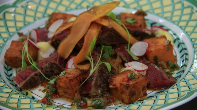 Mexican Seared Beef on Peanut & Tequila Sauce, Sweet Potatoes Mexican Seared Beef on Peanut & Tequila Sauce, Sweet Potatoes