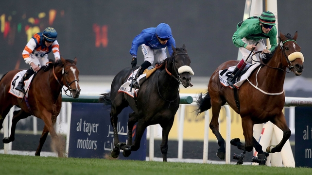 Certerach ridden by Jamie Spencer (black and green silks) wins the Dubai Gold Cup