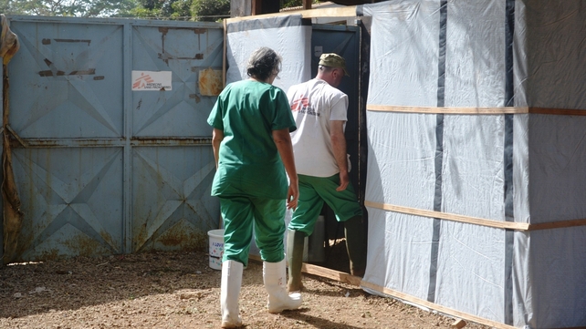 View of the entrance of a zone where people suspected of suffering of Ebola fever are isolated at the Donka hospital View of the entrance of a zone where people suspected of suffering of Ebola fever are isolated at the Donka hospital