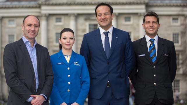 Ryanair chief marketing officer Kenny Jacobs, cabin crew member Daniela Sopkova, Transport Minister Leo Varadkar and cabin crew member Federico Galli Ryanair chief marketing officer Kenny Jacobs, cabin crew member Daniela Sopkova, Transport Minister Leo Varadkar and cabin crew member Federico Galli