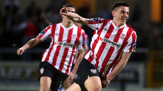 Enda Curran wheels away in celebration after scoring the only goal of the game at the Brandywell