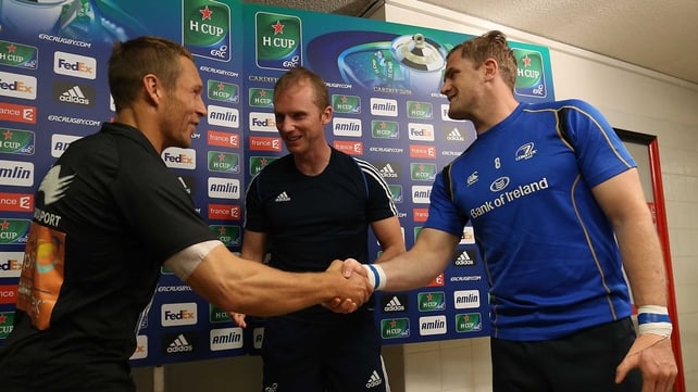 Jonny Wilkinson with referee Wayne Barnes and Jamie Heaslip at the coin toss at Stade Felix Mayol