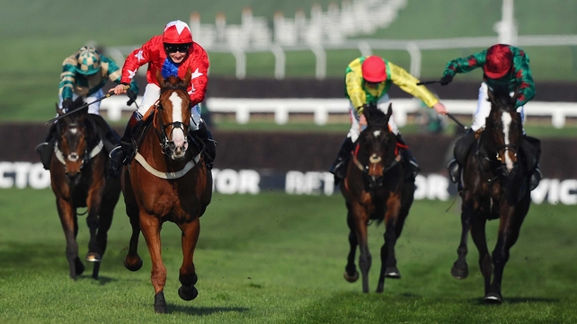 Somersby (far right) and Module (far left) finished second and third behind Sire De Grugy at Prestbury Park