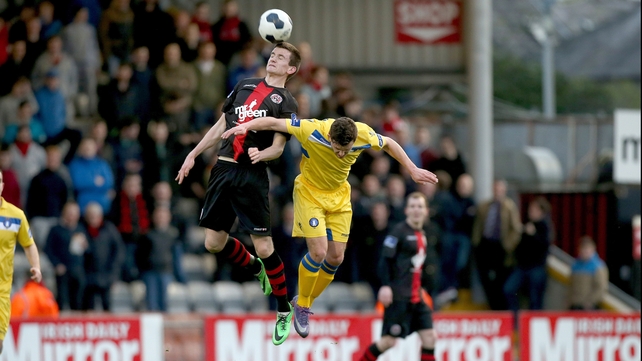 Daniel Byrne wins a header for Bohs