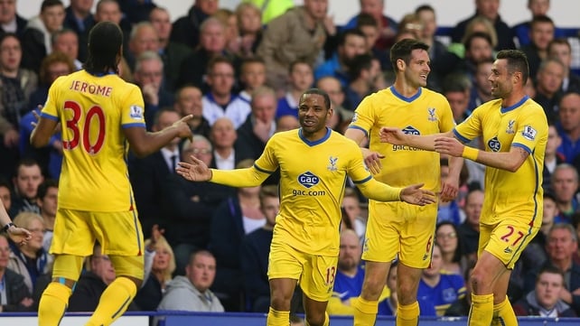 Jason Puncheon of Crystal Palace celebrates scoring the first goal with Damien Delaney, Jose Campana and Cameron Jerome