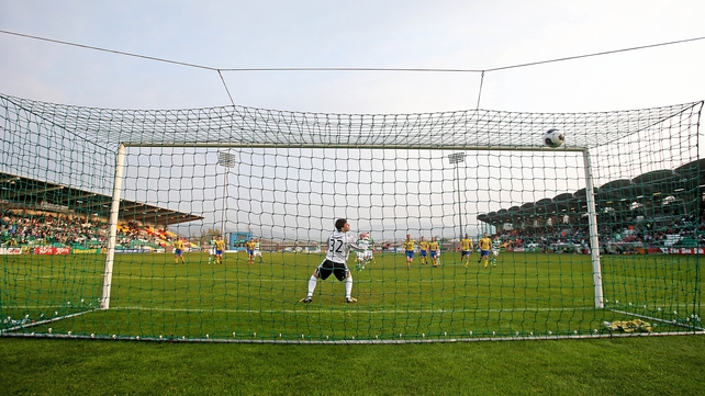 Gary McCabe crashes home Shamrock Rovers' opener from the penalty spot