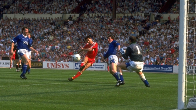Ian Rush shoots past Neville Southall as Liverpool beat Everton in the 1989 FA Cup final