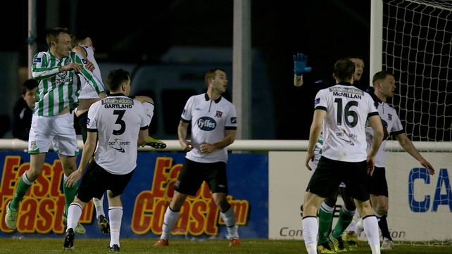 Dave Scully watches his headed effort make its way to the back of the net