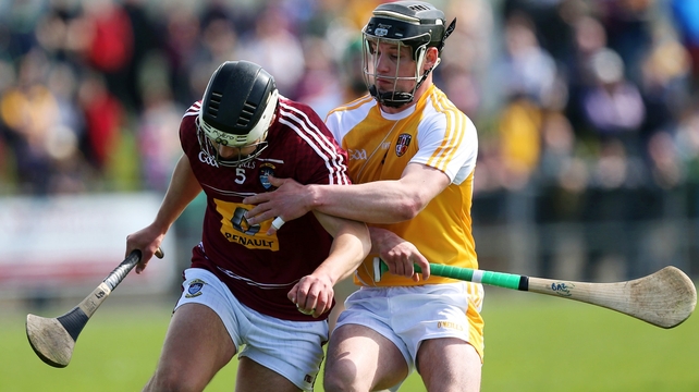 Westmeath's Kieran Duncan in action against Antrim's Barry McFall in Ballycastle