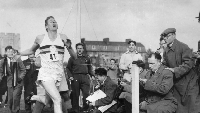 Roger Bannister running the first sub four-minute mile on 6 May, 1954