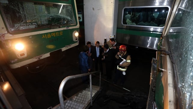 The accident happened when a moving train slammed into the rear of a stationary train in eastern Seoul The accident happened when a moving train slammed into the rear of a stationary train in eastern Seoul