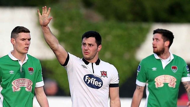 Patrick Hoban greets the Dundalk supporters after his second goal