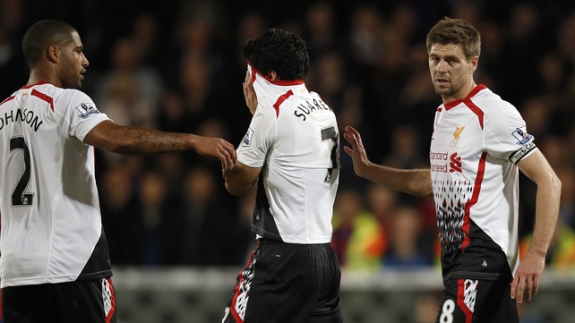 Glen Johnson, Luis Suarez and Steven Gerrard at full-time of their 3-3 draw with Crystal Palace