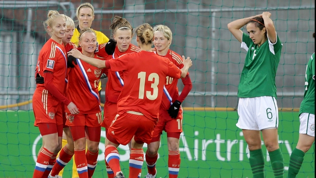 Ireland's Dora Gorman looks on as Russia celebrate their early lead at Tallaght Stadium