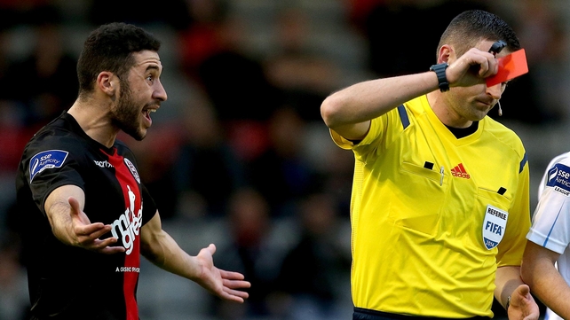 Roberto Lopes of Bohemians is show a straight red card by referee Paul McLaughlin
