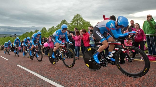 The Garmin-Sharp team tackle the Stormont hill ahead of the crash