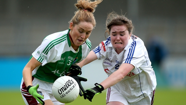 Fiona Leavy of Westmeath and Galway's Nicola Ward (R) battle for possession