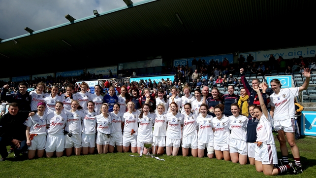 The Galway team celebrate with the Ladies Division 2 league trophy