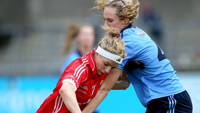 Dublin's Rachel Ruddy and Valerie Mulcahy of Cork battle for the ball