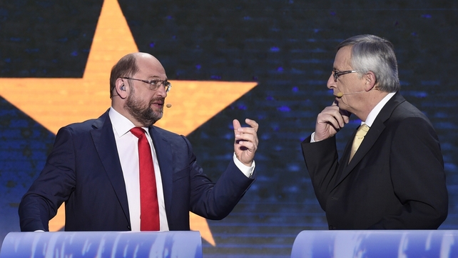 Candidates Martin Schulz (L) and Jean-Claude Juncker talking before the debate Candidates Martin Schulz (L) and Jean-Claude Juncker talking before the debate