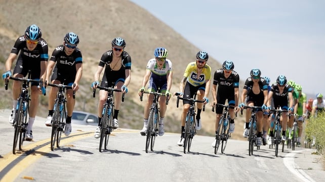 Bradley Wiggins (yellow jersey) in the peloton during the Tour of California