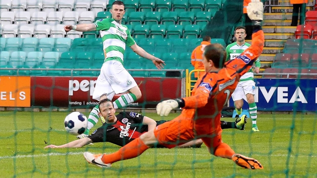 Ciaran Kilduff has an attempt saved by Dean Delany