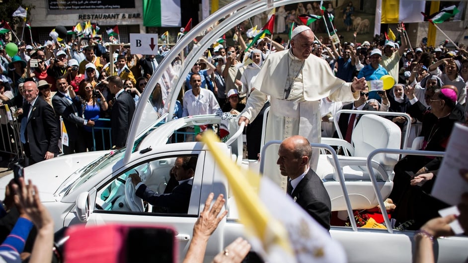 Pope Francis arrives in Manger Square to take part in a Mass held at the Church of Nativity, Bethlehem, West Bank