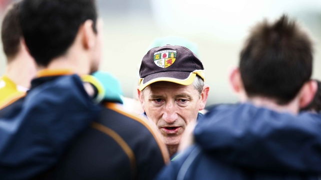 Kevin Ryan talks to his Antrim players after the win over Laois