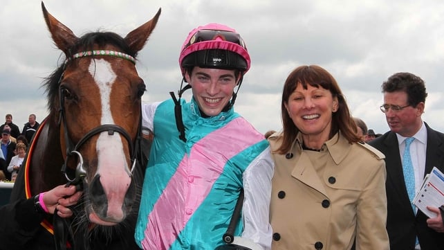 James Doyle and trainer Lady Cecil with Noble Mission after the win at the Curragh
