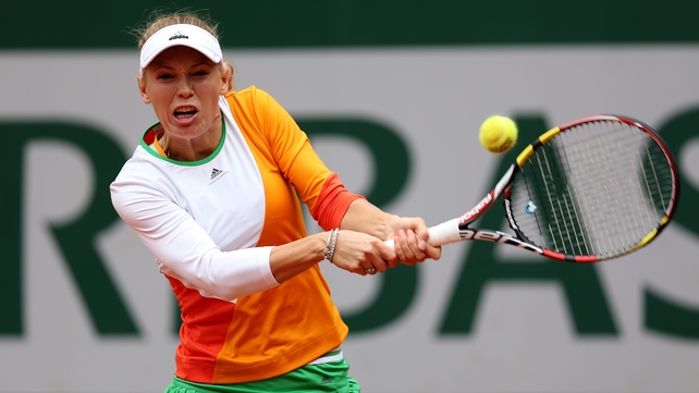 Caroline Wozniacki returns a shot during her French Open match against Yanina Wickmayer